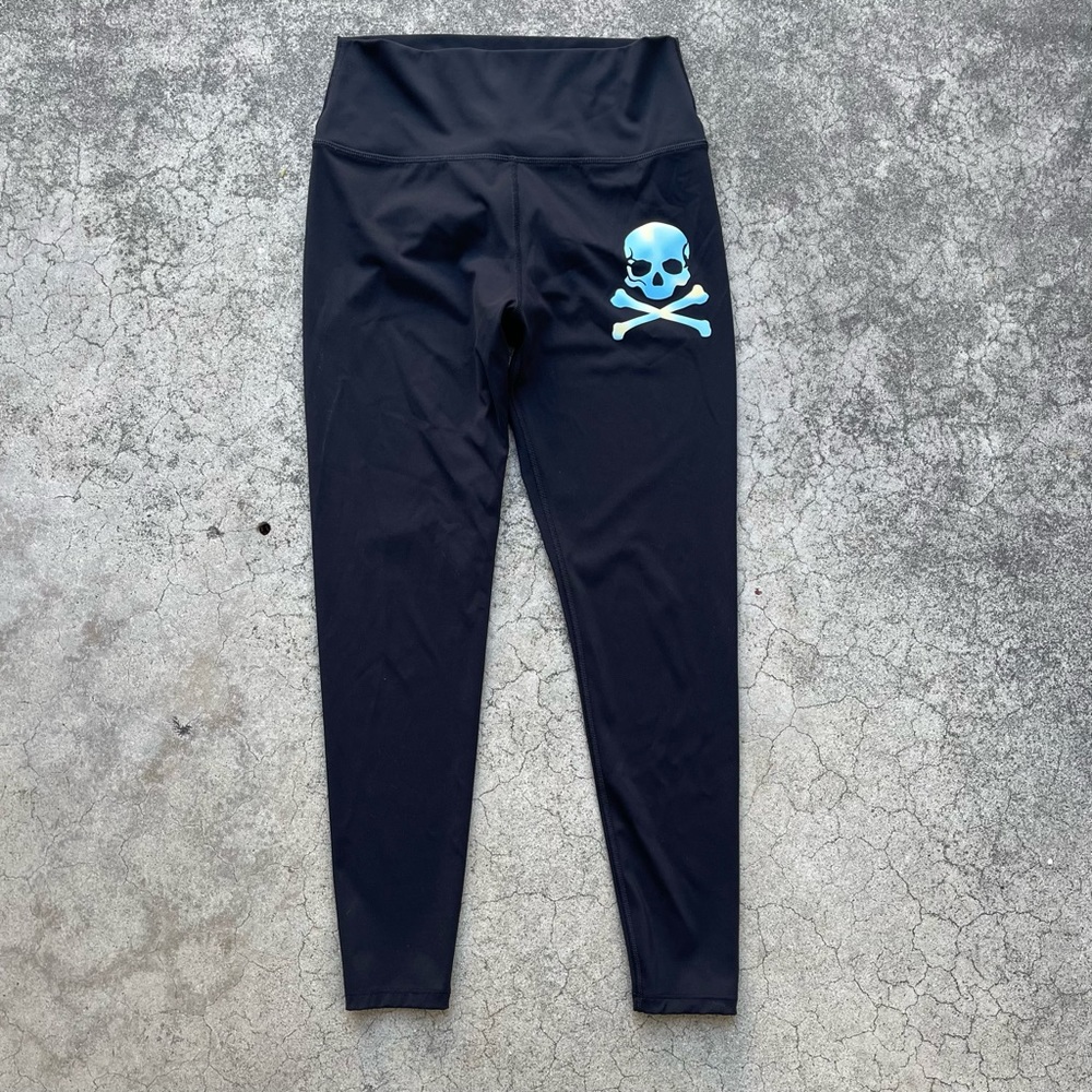 SoulCycle Black Leggings with Blue Skull Design